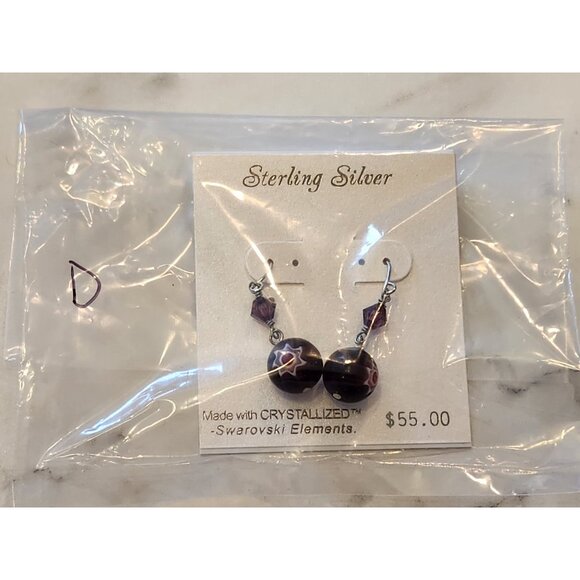 Sterling Silver Earrings With Crystalized Swarovski Elements & Purple Beads - Picture 2 of 5